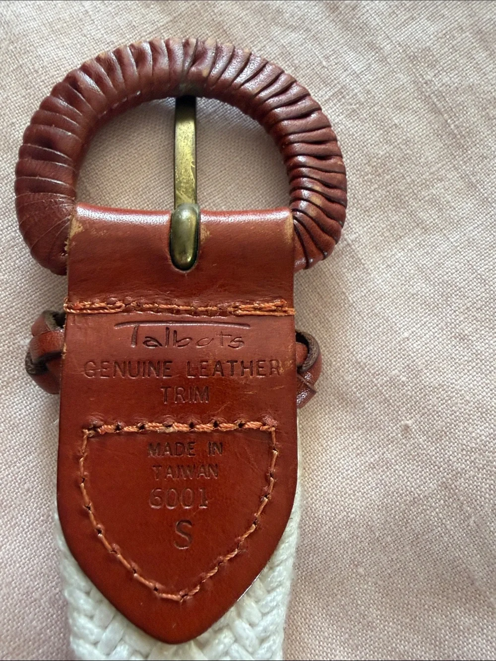 Talbots Braided Cream Woven Belt with Brown Leather Accents. Stretches. 42”.